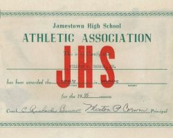 Bill Radack's  1955 Jamestown High School varsity letter certificate.