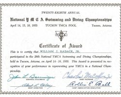 Bill Radack's  1955 YMCA National Swimming and Diving Championship participation certificate.