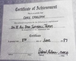Chris Carlson, Division 2 softball All-Star. 1987. Chris Carlson, Division 2 softball All-Star. 1987.