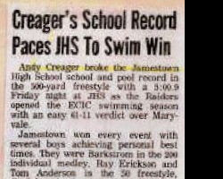 Creager's School Record Paces JHS To Swim Win. Creager's School Record Paces JHS To Swim Win.