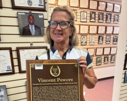 Amy Denn visited the CSHOF in July 2025. She is the third cousin, twice removed of Vincent Powers.