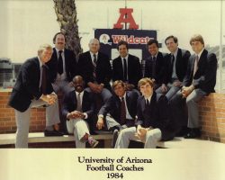University of Arizona's offensive line coach Bob Palcic seated on right, 1984.