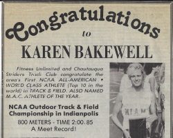 Newspaper advertisement honoring Karen Bakewell's achievements. 1986.