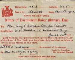 Hugh Bedient. Notice of Enrollment Under Military Law. 1917.