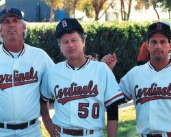 Through the years, Charlie LaDuca, right, has played in Men’s Senior Baseball League World Series with former Major Leaguers, including pitchers Bill Lee,  left, and Jim Bouton, center.