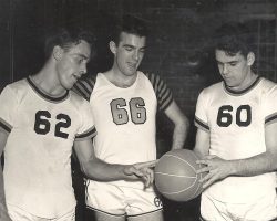 Bill Present (center) with Cleveland Browns players Cliff Lewis (left) and Otto Graham (right). Circa 1949. Bill was a player on the Jamestown Vikings basketball team that played an exhibition game against the Browns in Jamestown.