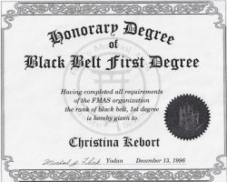 Black Belt First Degree certificate. December 13, 1996.