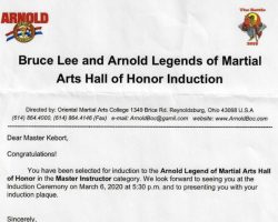 Bruce Lee and Arnold Legends of Martial Arts induction notification. 2020.