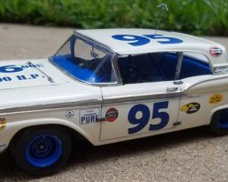 This is a photo of a model replica of a 1959 Ford that Julian Buesink entered in the 1959 Southern 500 at Darlington, SC in September of 1959. The car was driven by a young man who went on the become a NASCAR superstar: Buddy Baker. The model was built by B. Wade Brooks.
Photo by B. Wade Brooks Model replica of a 1959 Ford that Julian Buesink entered in the 1959 Southern 500 at Darlington, SC in September of 1959.