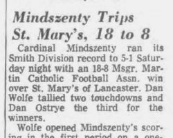 Mindszenty Trips St. Mary's, 18-8. <em>Buffalo Courier Express</em>, November 17, 1968. Mindszenty Trips St. Mary's, 18-8. November 17, 1968.