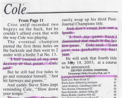 Cole Rolls To His Third Post-Journal Champions Title. Page 2 . <em>Post-Journal</em> (Jamestown). May 20, 2002. Cole Rolls To His Third Post-Journal Champions Title. Page 2. May 20, 2002.