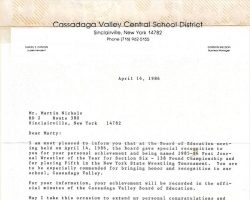 Congratulatory  letter from school superintendent. April 16, 1986.
