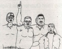 DiNapoli drawing of the JHS football coaching staff. Left to right, Dave Currie, Tom Phillips, Joe DiMaio and Wally Huckno.