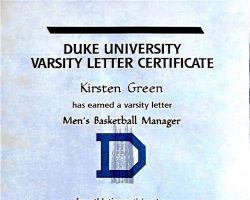 Kirsten Green's Duke University varsity letter certificate. 1996-97.