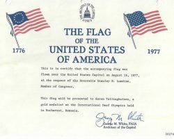 Certificate that came with flag flown at U.S. Capitol presented to Karen Tellinghuisen.