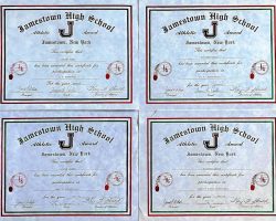 Kirsten Green's Jamestown High School basketball certificates. 1990-1993.