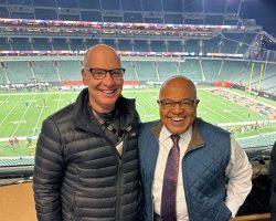 Dan Hoard and NBC Sports' Mike Tirico, at the Sunday Night Football game in Cincinnati on November 5, 2023, recalling the time they worked together at WTVH in Syracuse. Hoard-Tirico