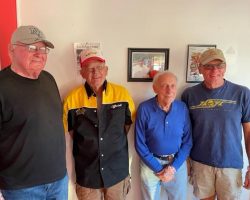 Left to right:  CSHOF auto racing inductees Skip Furlow, Sammy LaMancuso and Dick Barton pose with Stateline Speedway owner Jim Scott (second from left) on June 3, 2023.