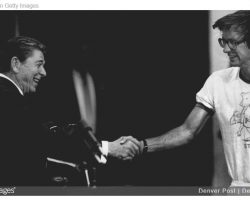 Mel McGinnis shakes hands with President Ronald Reagan at Olympic Training Center. Denver Post, May 29, 1984. Photo courtesy Getty Images