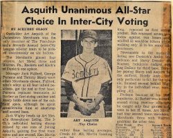 Asquith Unanimous All-Star Choice In Inter-City Voting. <em>Post-Journal</em>, 1959. It is interesting to note that in this article, 5 of 9 first team all-stars are members of the CSHOF and the article was written by another. Asquith Unanimous All-Star Choice In Inter-City Voting. 1959.