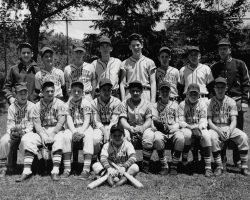 Harry Rissel, back row far right, was the manager of this Jamestown Finishing Products Babe Ruth League team circa 1954-55. His son, Jim, is the batboy, seated on grass. Jamestown Finishing Products Babe Ruth League