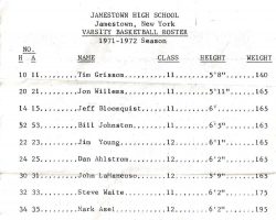 Jamestown High School Varsity Basketball Roster, 1971-72.