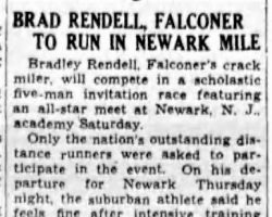 Brad Rendell, Falconer To Run In Newark Mile. May 14, 1937.