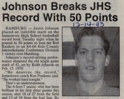 Johnson Breaks JHS Record With 50 Points. <em>Post-Journal</em> (Jamestown), December 14, 1993. Johnson Breaks JHS Record With 50 Points. December 14, 1993.