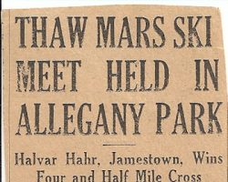 Thaw Mars Ski Meet Held In Allegany Park. Newspaper article. Thaw Mars Ski Meet Held In Allegany Park.