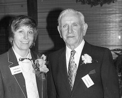Brad Rendell at his CSHOF induction with his daughter and fellow inductee, Kay Gould , 1982.