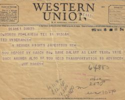 Telegram offering Ted Wyberanec reporting information. March 15, 1952. Telegram offering Ted Wyberanec reporting information. March 15, 1952.