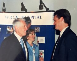 Former Buffalo Bill head coach Marv Levy, WCA hospital CEO Betsy Wright, and Scott Kindberg at an October 2014 fundraiser for the WCA Foundation.