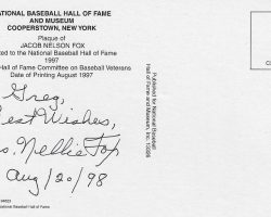 Nellie Fox postcard featuring Mrs. Fox's signature to CSHOF inductee Greg Peterson. Mrs.-Fox-signature