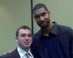 Nolan Swanson with NBA superstar Tim Duncan. Photo taken at Wake Forest in 2012. Swanson is a 2011 Wake Forest Sports Hall of Famer. Duncan is a 2009 Wake Forest Hall of Famer.