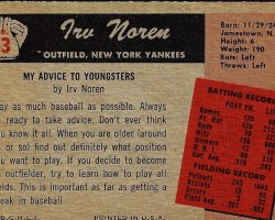 1955 Irv Noren trading card back. 1955 Irv Noren trading card back.