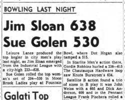 Jim Sloan 638 Sue Golen 530. January 15, 1964.