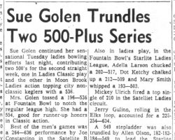 Sue Golen Trundles Two 500-Plus Series. November 13, 1963.