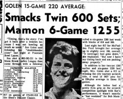 Smacks Twin 600 Sets; Mamon 6-Game 1255. November 24, 1965.