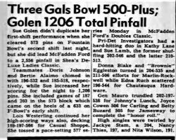 Three Gals Bowl 500-Plus; Golen 1206 Total Pinfall. March 9. 1966.