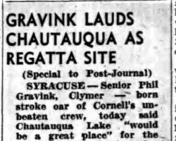 Gravink Lauds Chautauqua As Regatta Site. <em>Post-Journal</em> (Jamestown), June 21, 1957. Gravink Lauds Chautauqua As Regatta Site. June 21, 1957.