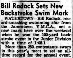 Bill Radack Wins Sets New Backstroke Swim Mark. August 3, 1953.
