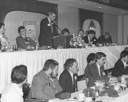 Pete Hubbell, at the podium, was the CSHOF induction banquet emcee in 1985. Pete Hubbell, at the podium, was the CSHOF induction banquet emcee in 1985.