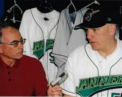 Jim Riggs interviewing Jamestown Jammers manager Mike Mordecai in 2007. Jim Riggs interviewing Jamestown Jammers manager Mike Mordecai in 2007.