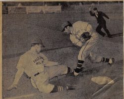 Harry Rissel is tagged out at Jamestown Municipal Stadium game. <em>Post-Journal</em>(Jamestown), circa 1949. Harry Rissel is tagged out at Jamestown Municipal Stadium game circa 1949.