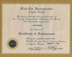 Club Car certificate. November 1988. 11/88