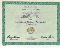 PGA certificate for completion of Club Repair Workshop. February 9-12, 1975. 2/75