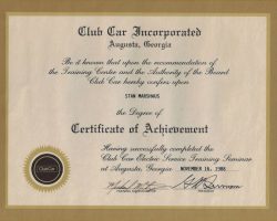 Club Car certificate. November 1988. 11/88