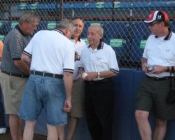 Sammy LaMancuso threw out the first pitch at a Jamestown Jammers game on September 1, 2010.
Others in the photo left to right: Jerry Swanson, Neil Boardman, Mike LaTone, Randy Sweeney. Sammy LaMancuso threw out the first pitch at a Jamestown Jammers game on September 1, 2010.