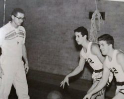 Al Stuhlmiller coaching up Mike Criscione (brother of inductees Pete and Dave) and Bob Patterson at Dunkirk High in 1963.