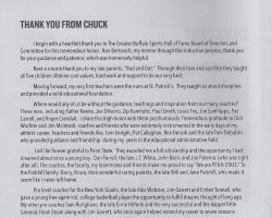 Chuck Crist's Greater Buffalo Sports Hall of Fame induction program thank you. November 7, 2019.